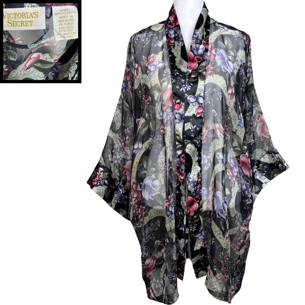 Vintage Victoria's Secret Gold Label Kimono Robe Floral Sheer Womens One Size